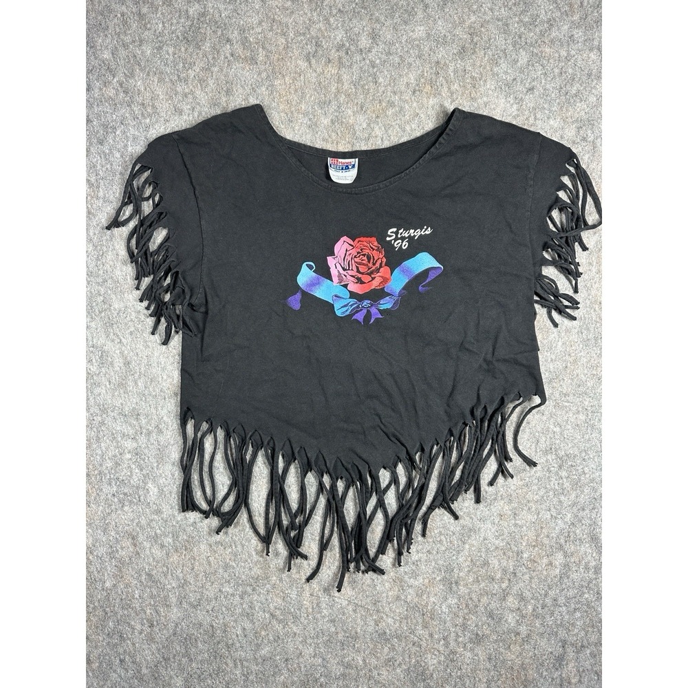 Vintage 1996 Sturgis Rose T-Shirt Fringe Crop Top Hanes Beefy-T USA Made M